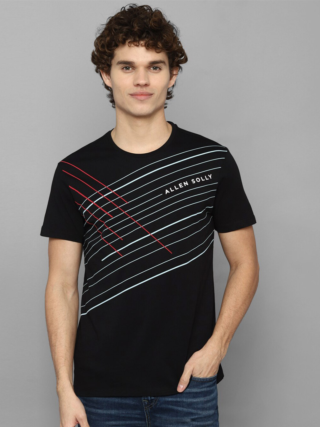 Buy Allen Solly Men Black Striped Applique T Shirt - Tshirts for Men ...