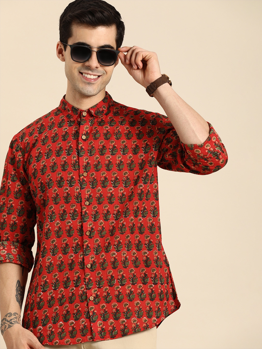 Buy Anouk Men Red & Green Floral Printed Pure Cotton Ethnic Shirt ...