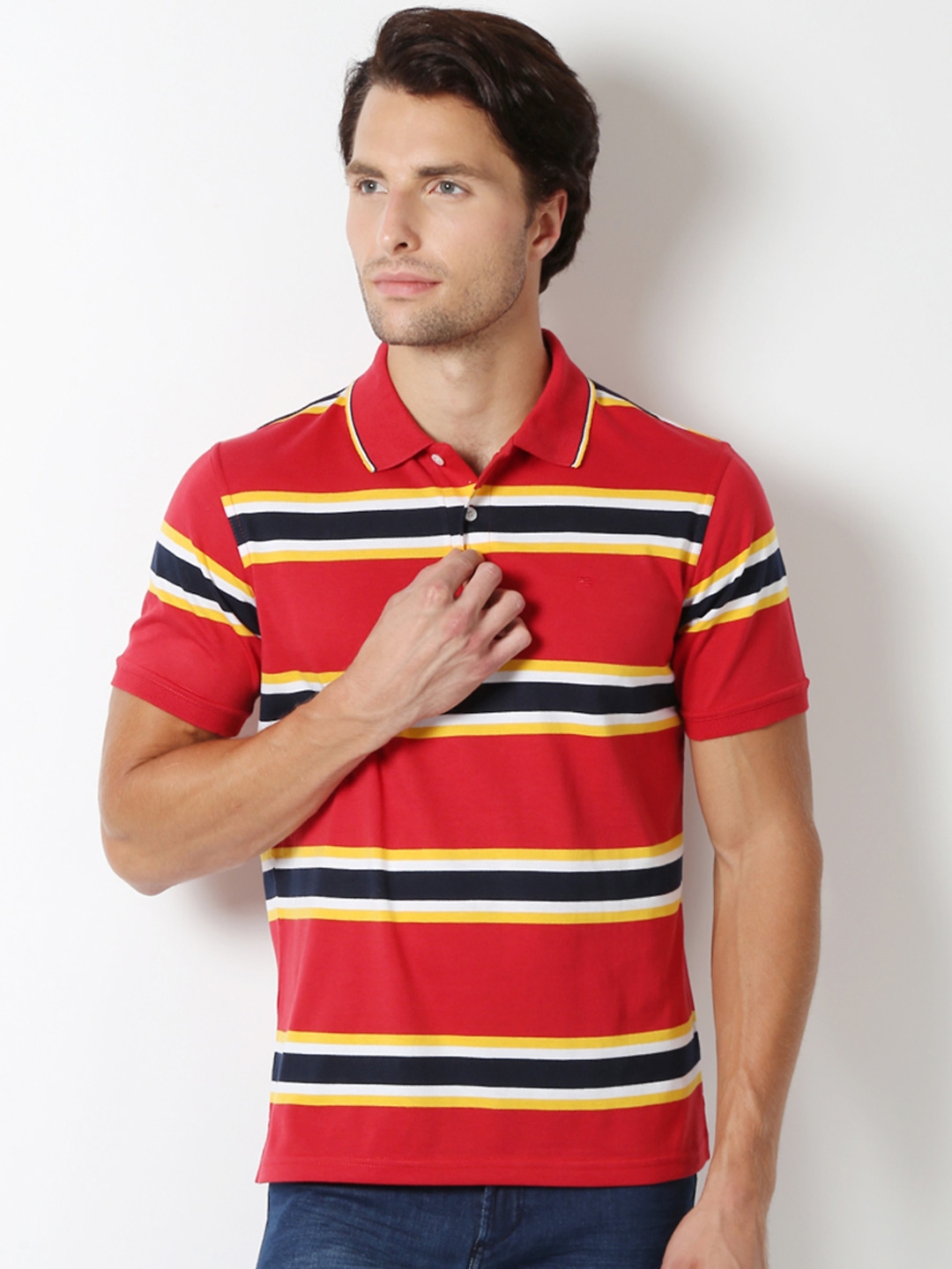 Buy Peter England Men Red & Black Striped Polo Slim Fit T Shirt ...