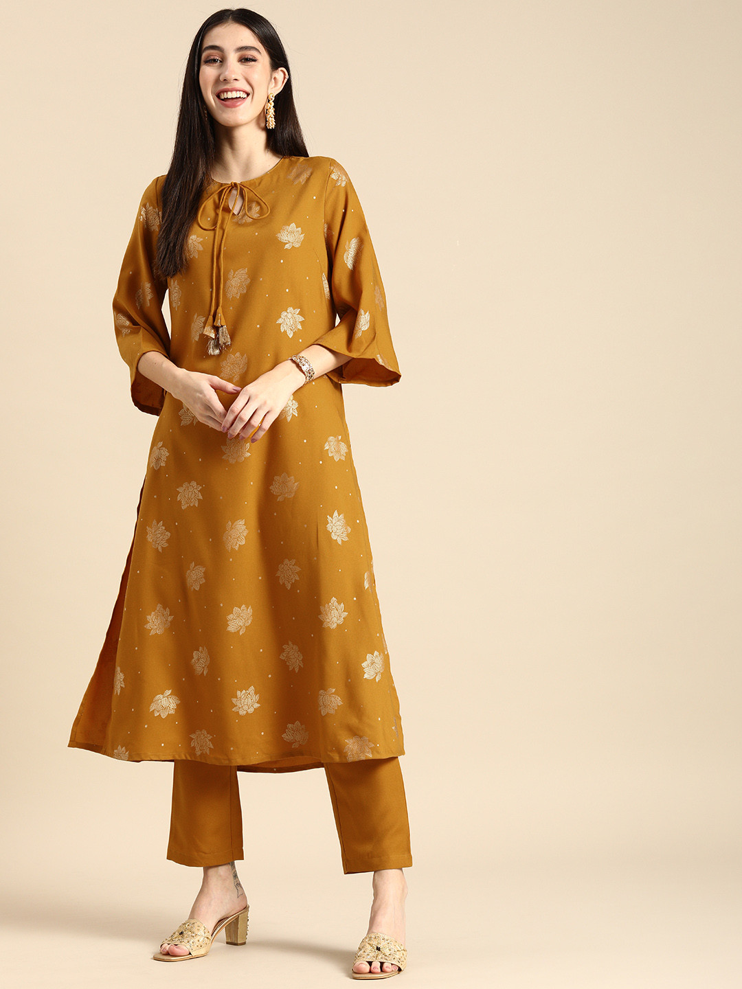 Buy Anouk Women Mustard Yellow Ethnic Motifs Printed Kurta With