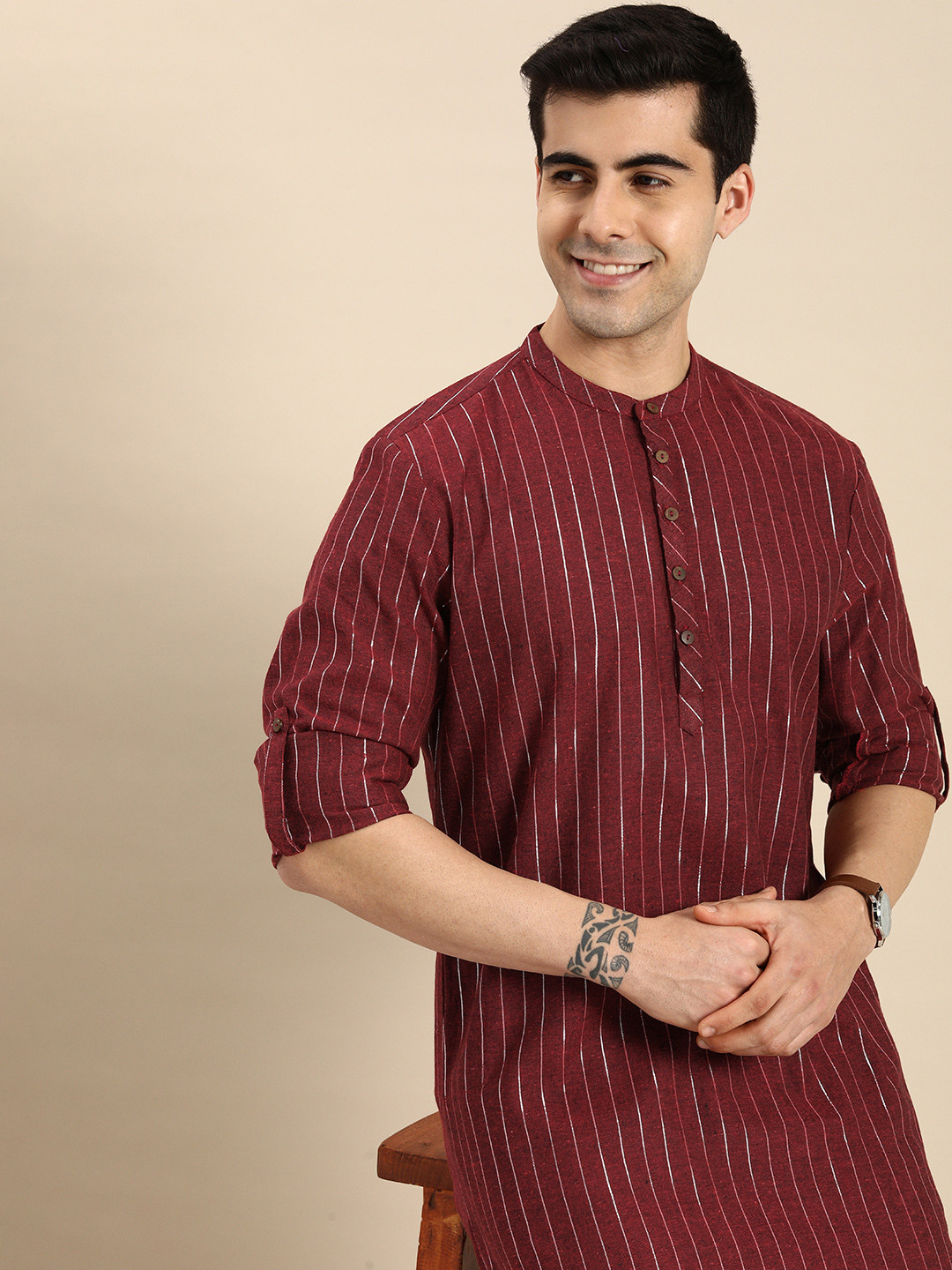Buy Anouk Men Maroon & Silver Toned Striped Mandarin Collar Straight Kurta Kurtas for Men