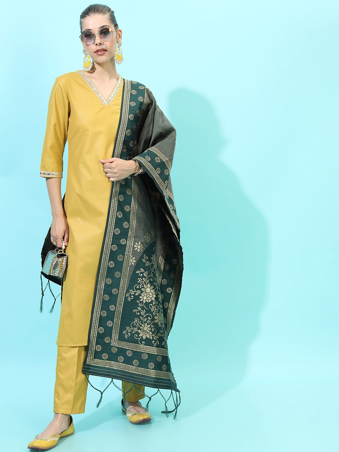 Women Yellow Viscose Gadhwal Kurta Set With Pant And Duppata Set