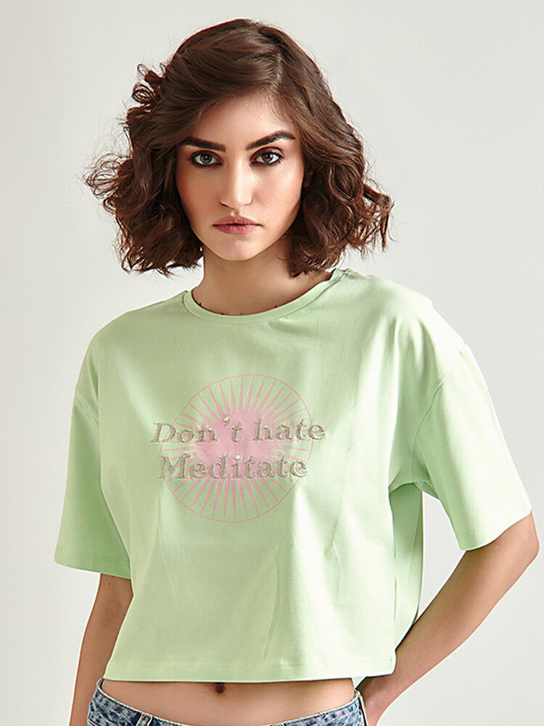 Women's Green Typography Printed Cotton Slim Fit T-shirt