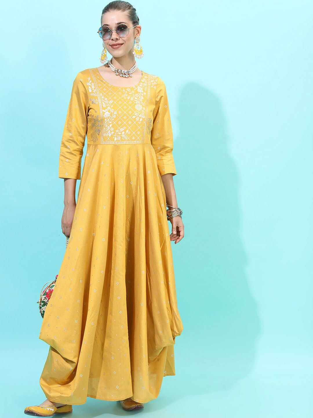 Buy Vishudh Yellow Embellished Ethnic Maxi Printed Cowl Dress Ethnic Dresses for Women