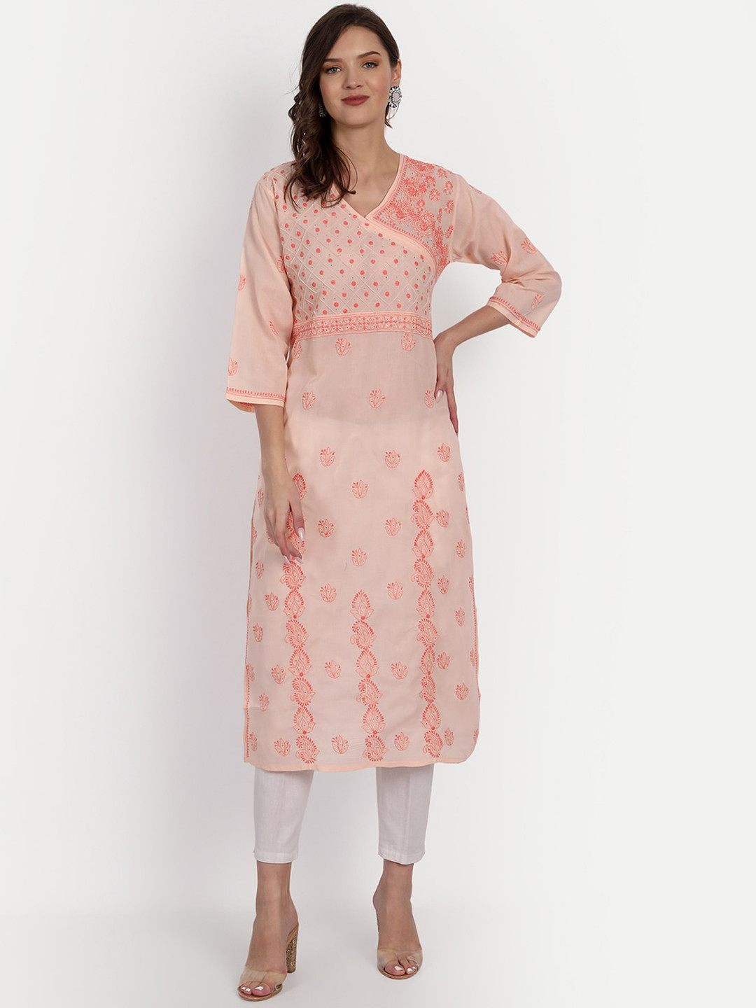 Women Peach-Coloured Floral Printed Pleated Chikankari Kurta with Palazzos