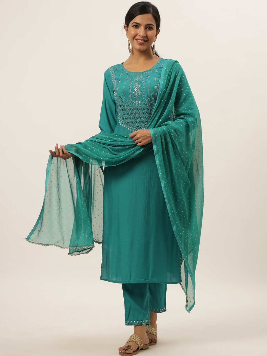 Women Teal Embroidered Straight Kurta Trousers With Dupatta Set