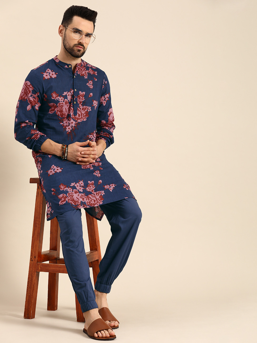 Buy Anouk Men Navy Blue Floral Printed Pure Cotton Kurta With Trousers