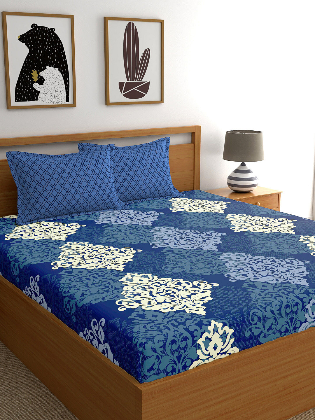 Buy My Room Navy Blue Ethnic Printed 144 TC Super King Bedsheet With 2