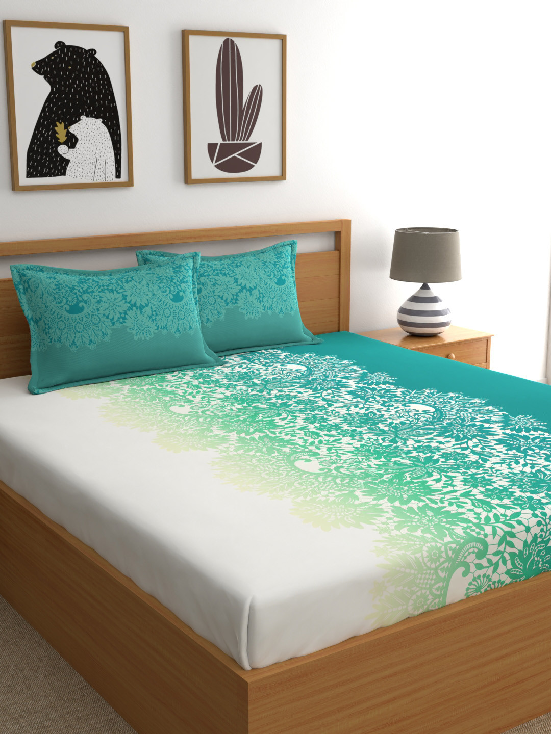 Buy My Room Teal & White Ethnic Motifs 140 TC Super King Bedsheet With