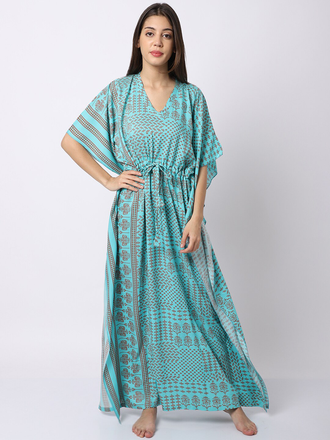 Buy Claura Turquoise Blue Printed Maxi Nightdress Nightdress for