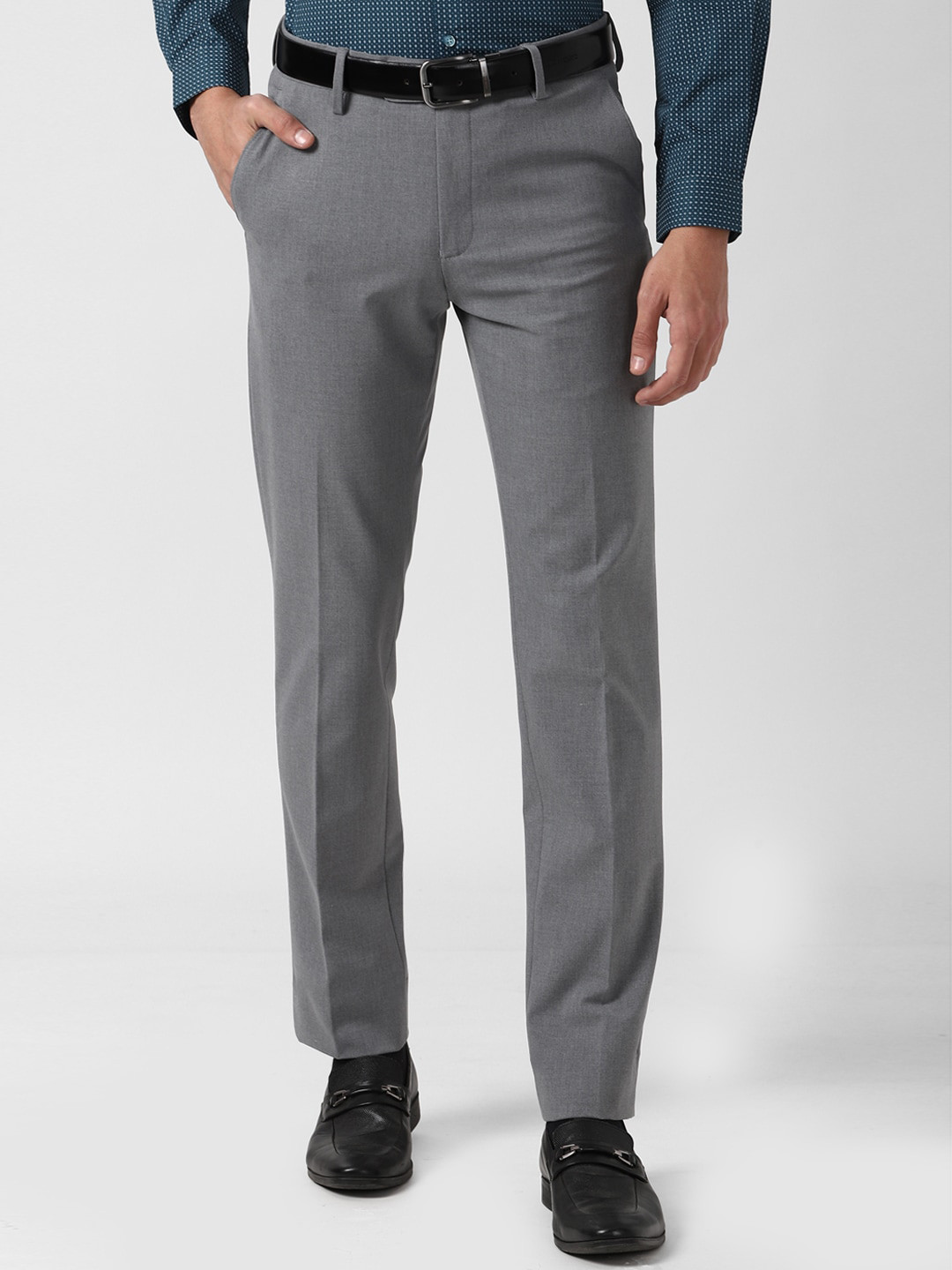 Buy Peter England Elite Men Grey Textured Slim Fit Formal Trousers ...
