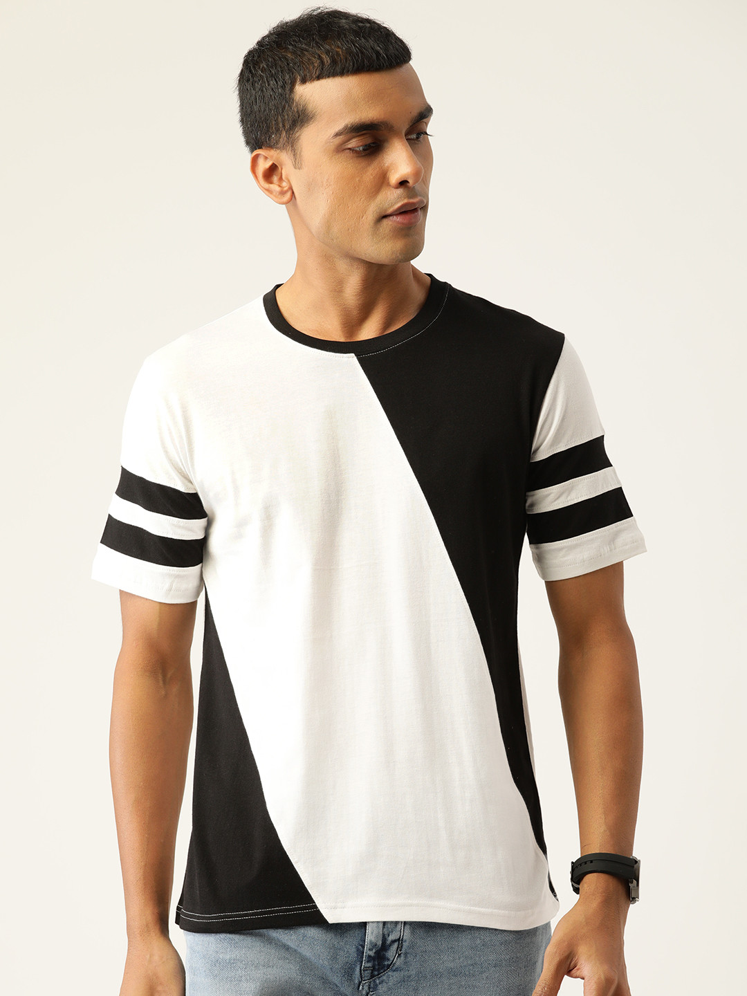 Buy Kushi Flyer Men White & Black Colourblocked Cotton T Shirt