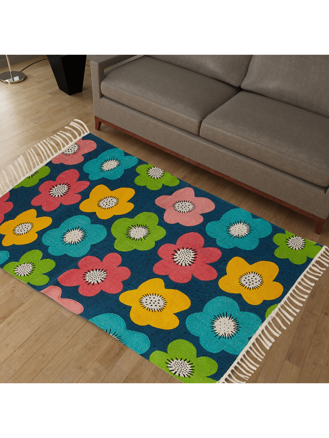 Buy Home Centre Blue & Yellow Retro Daisy Printed Cotton Anti Skid Door