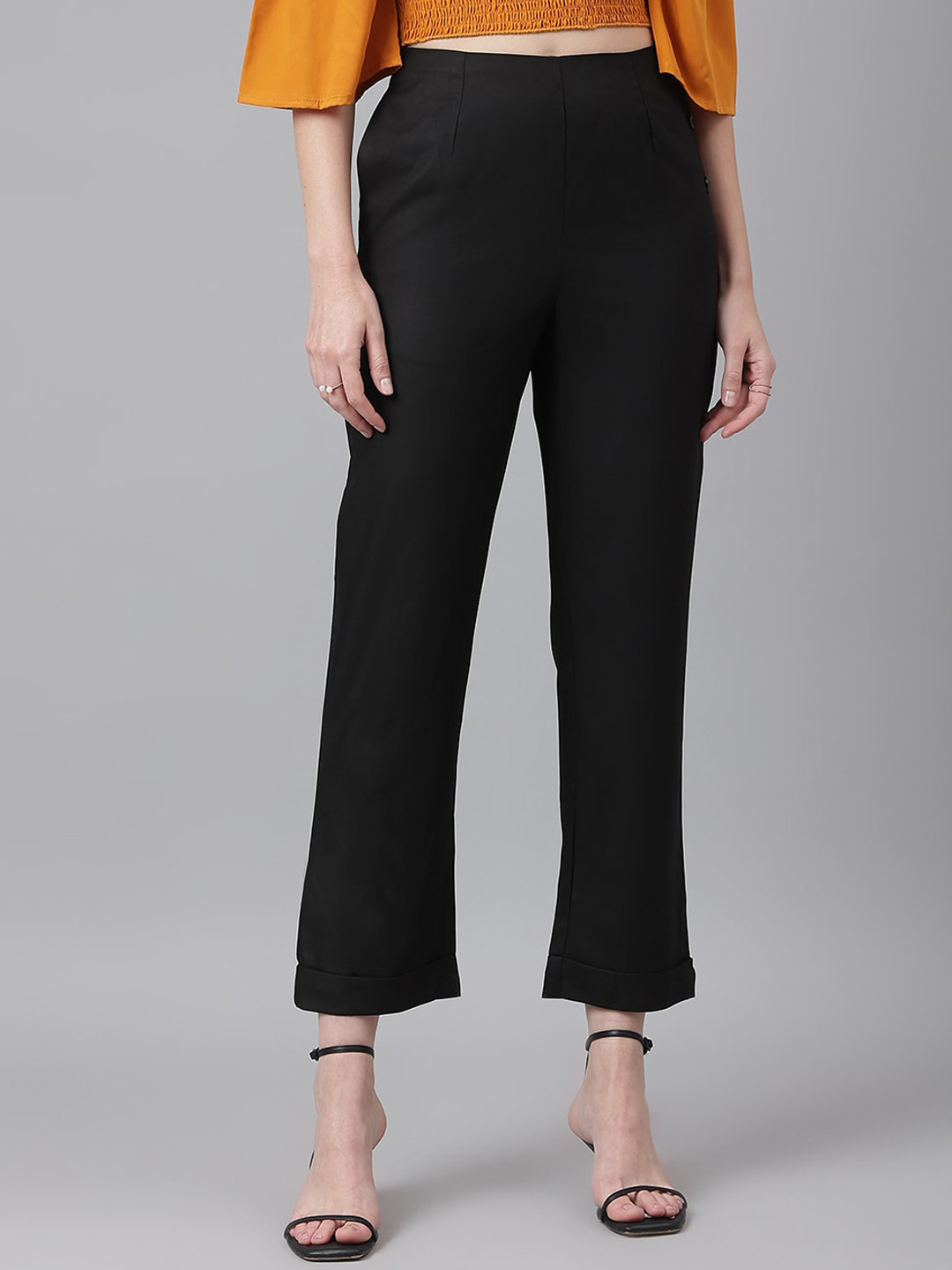 Black Cotton Flax Women Trousers