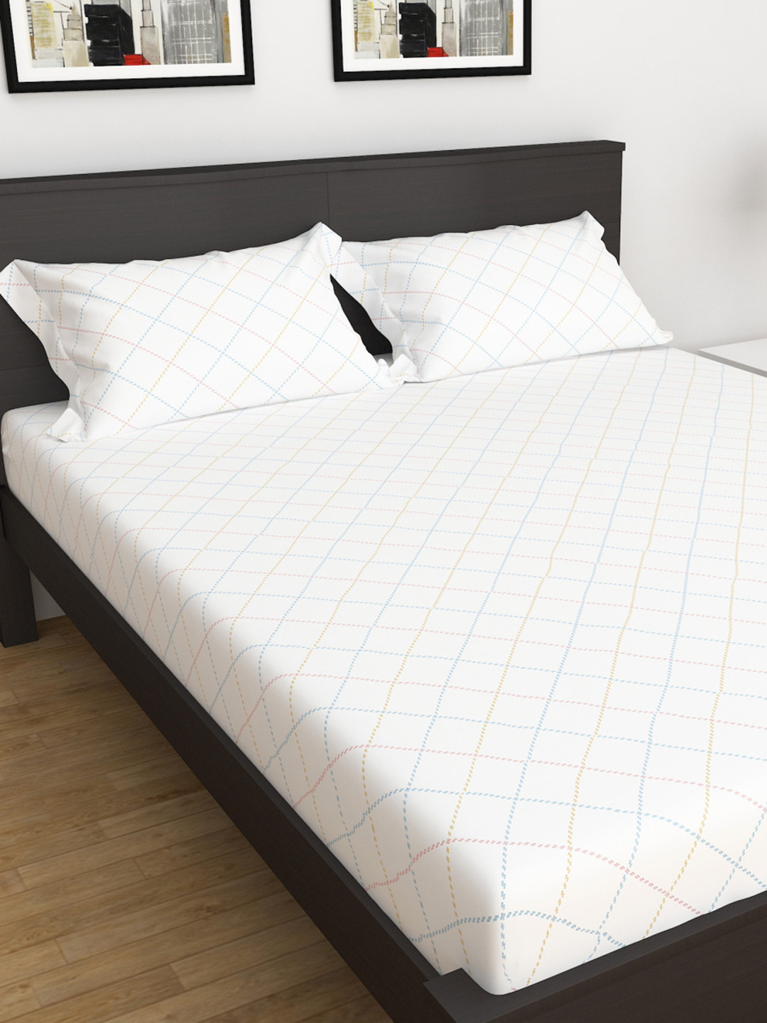 Buy Home Centre White Checked 140 TC King Bedsheet With 2 Pillow Covers