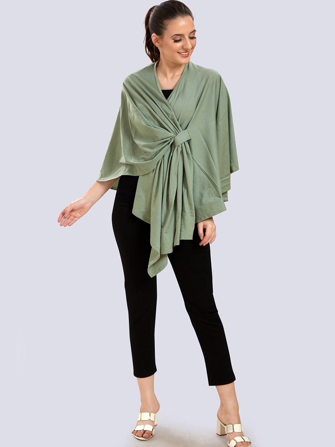 Women Printed Overlap Cape With Pom Pom Detail main image 1