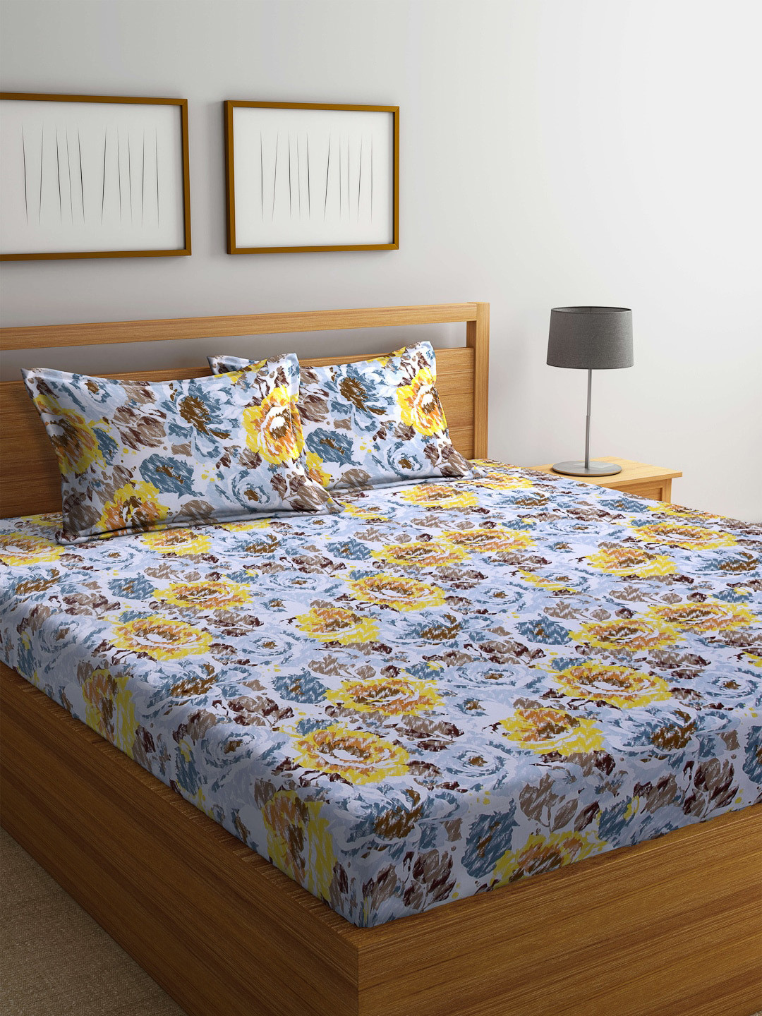 Buy BOMBAY DYEING Yellow & Blue Floral 120 TC Queen Bedsheet With 2 Pillow Covers Bedsheets