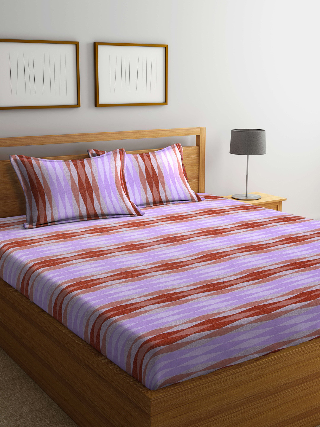 Buy BOMBAY DYEING Brown & Lavender Printed 120 TC Queen Bedsheet With 2