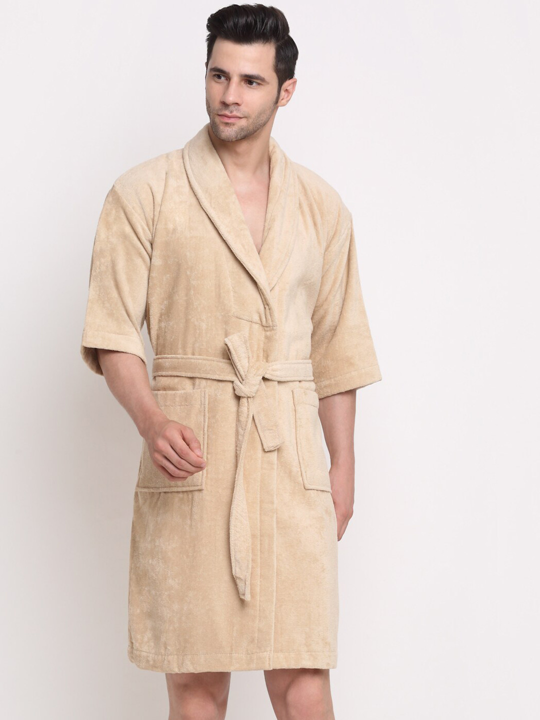 Buy MYTRIDENT Cream Coloured Solid Bath Robe With Belt Bath Robe for