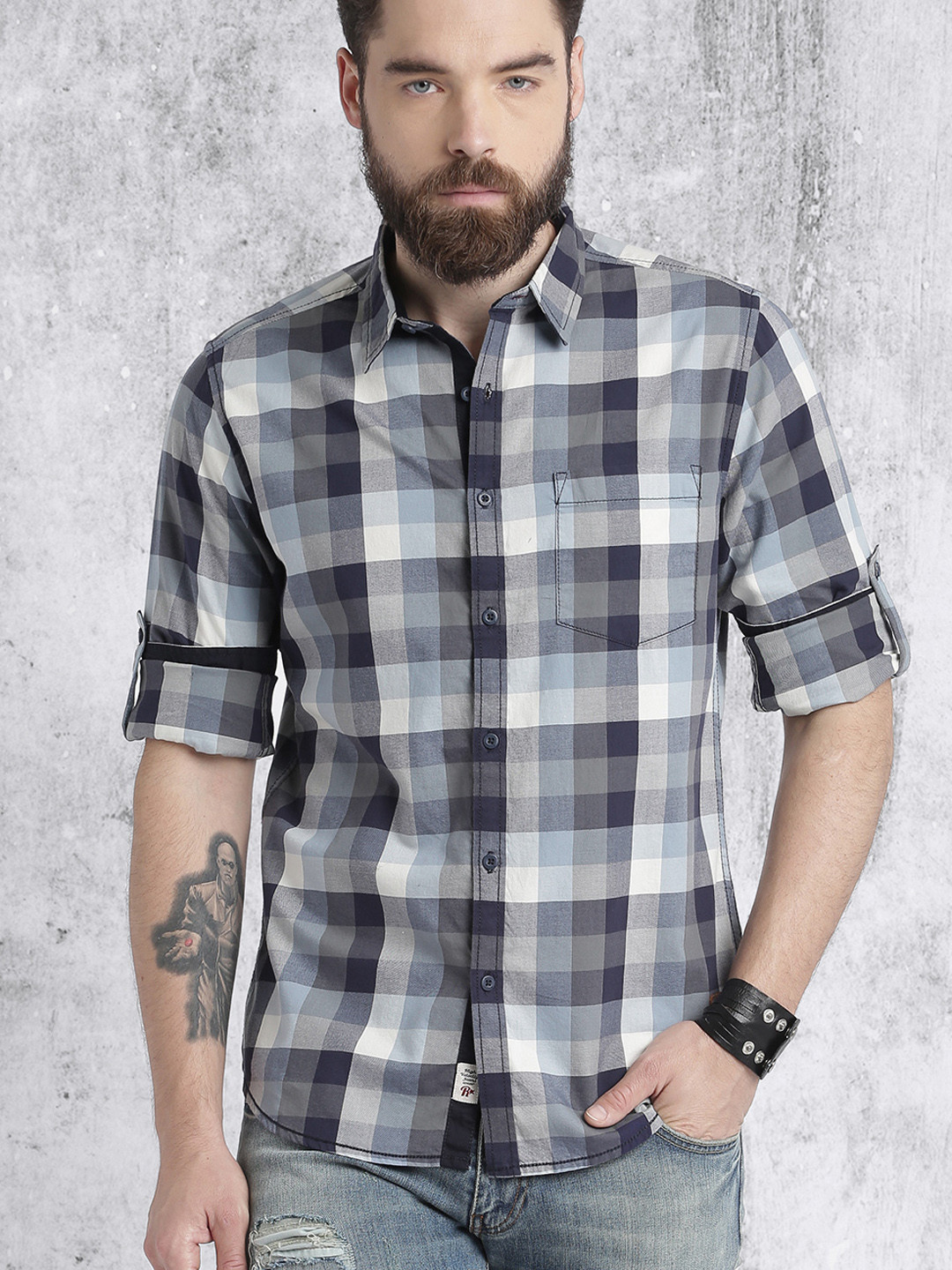 Buy Roadster Men Navy Blue & Grey Checked Casual Shirt Shirts for Men