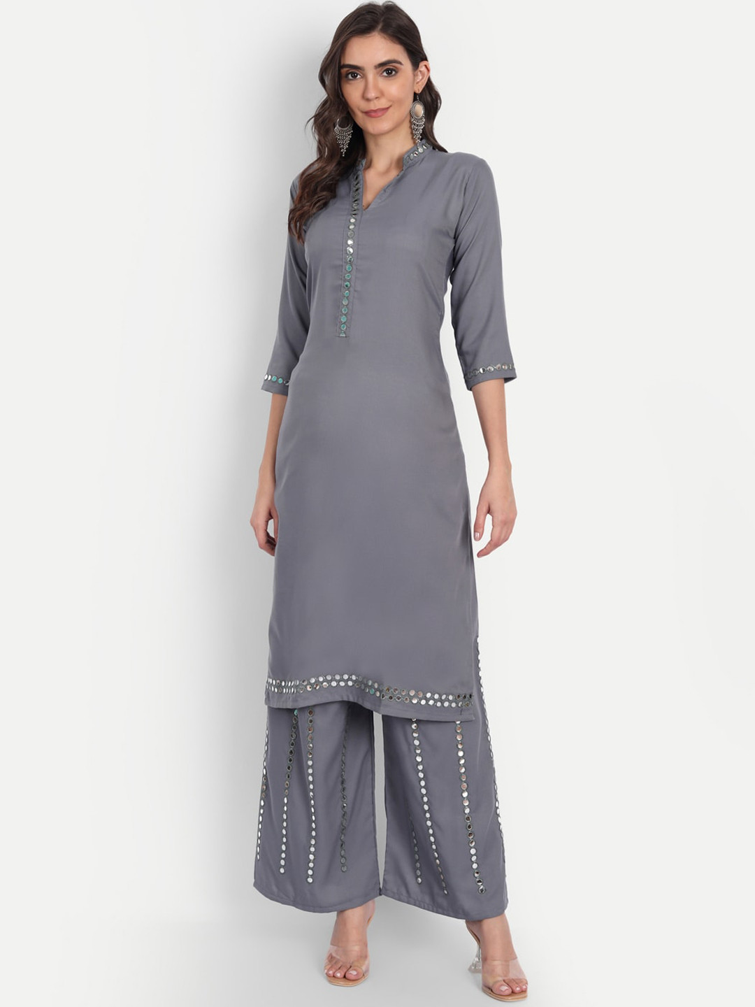 Buy ASPORA Women Grey Mirror Work Kurta Set Kurta Sets for Women