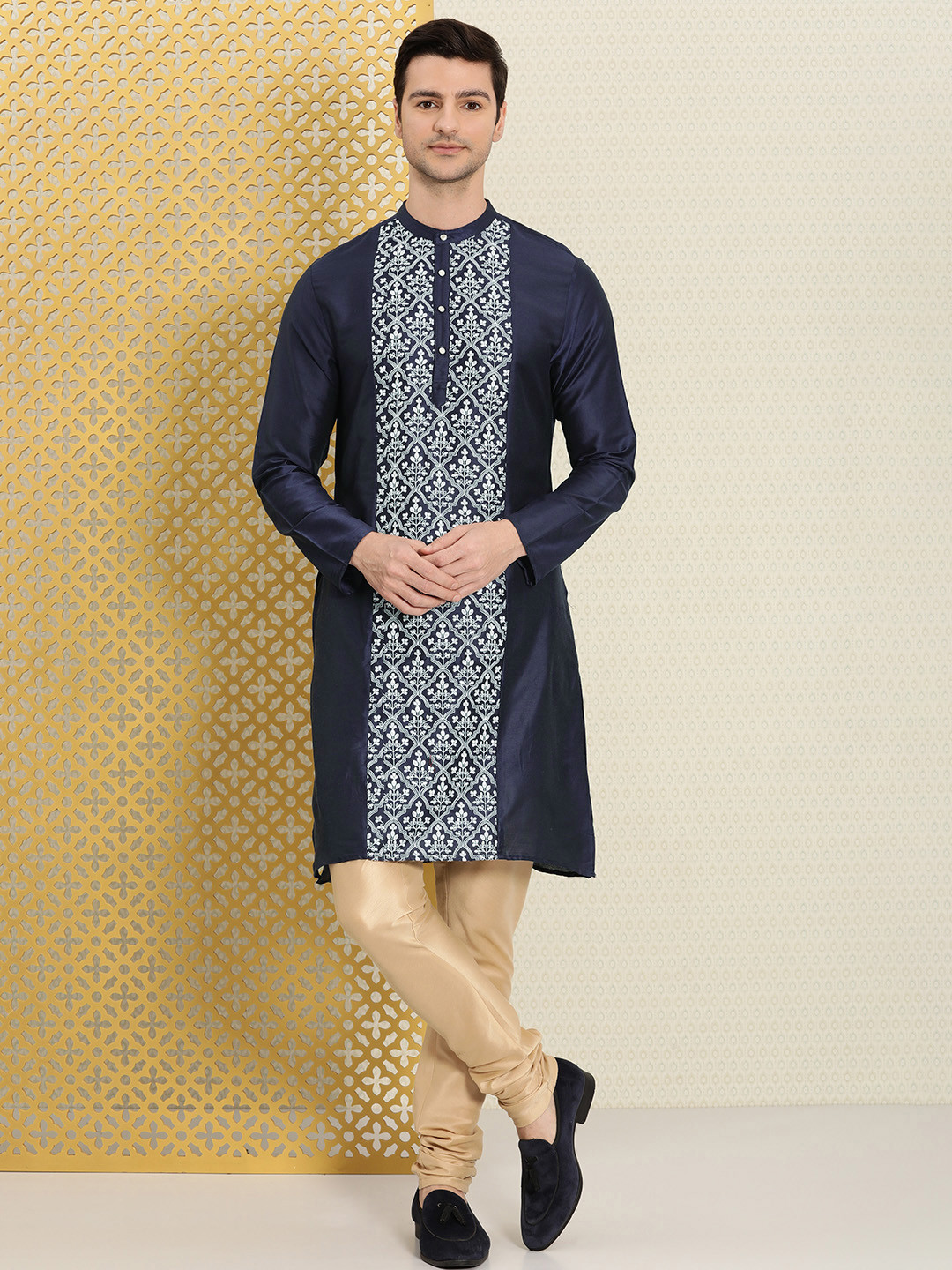 Buy House Of Pataudi Men Navy Blue & White Ethnic Motifs Embroidered