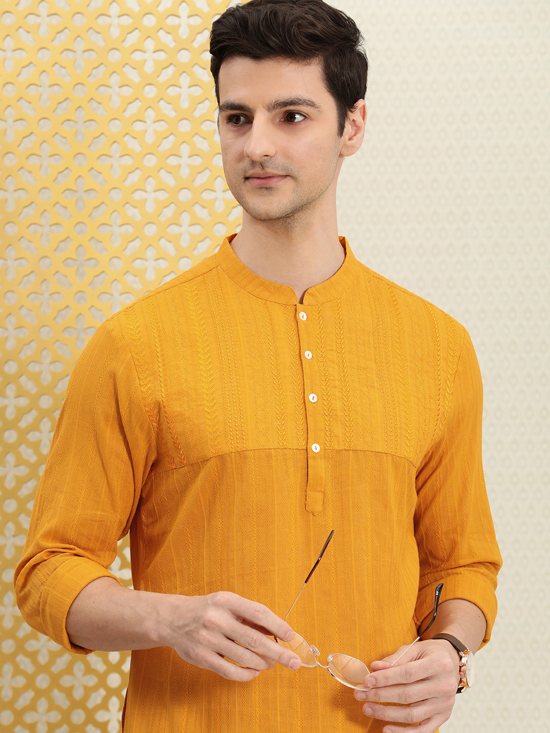 Buy House Of Pataudi Men Mustard Yellow Ethnic Motifs Embroidered Pure