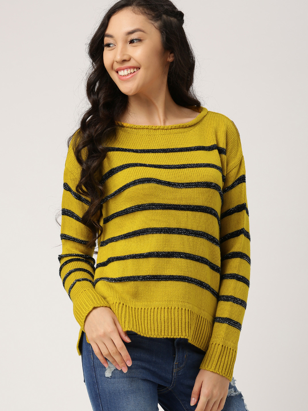 Buy DressBerry Women Mustard Yellow Striped Pullover Sweaters for