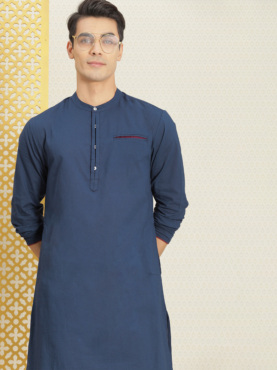 Buy House Of Pataudi Men Navy Blue Solid Mandarin Collar Pure Cotton
