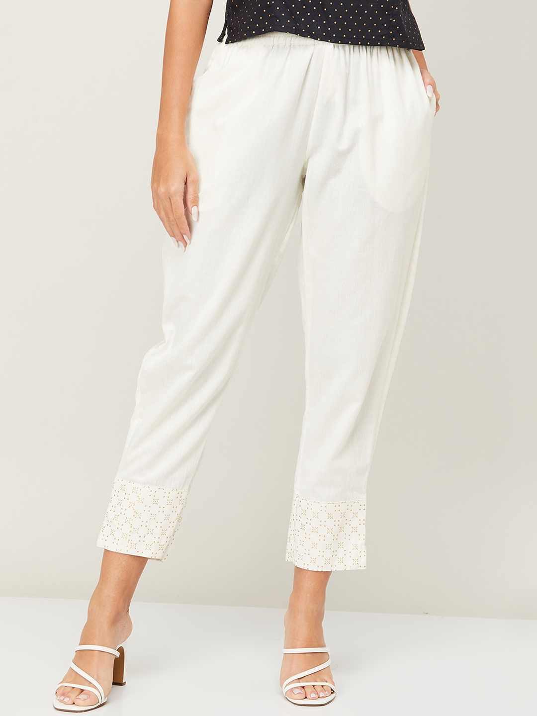 Buy Melange By Lifestyle Women White Relaxed High Rise Cotton Trousers ...