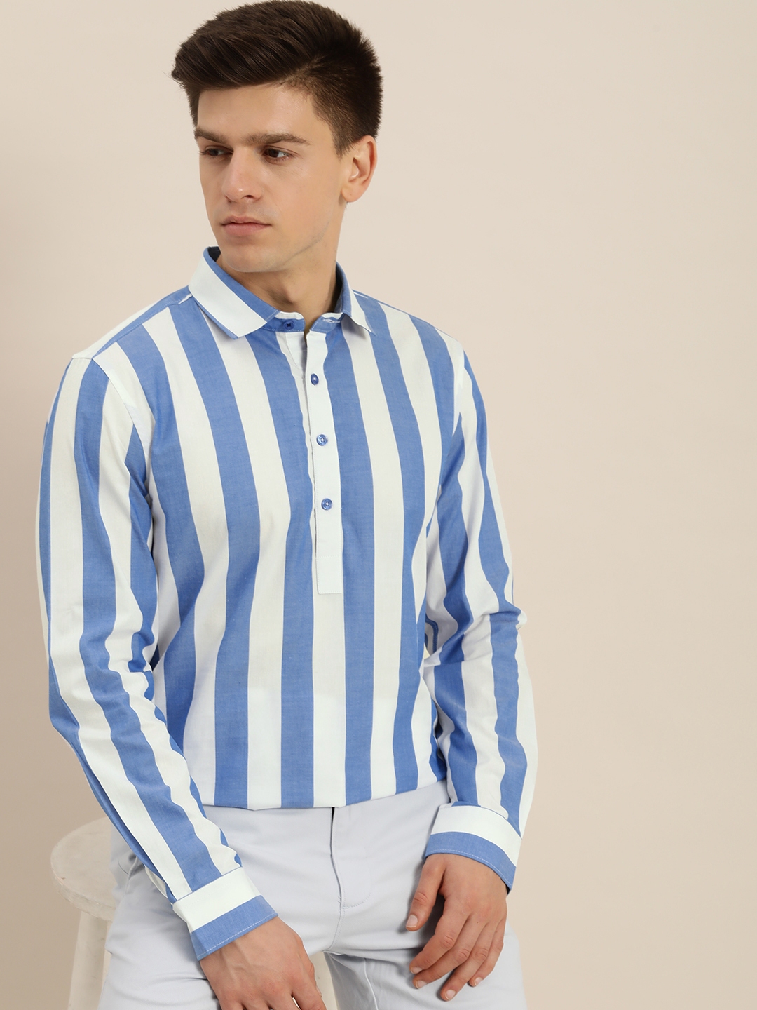 Buy INVICTUS Men Blue & White Slim Fit Striped Pure Cotton Semiformal ...