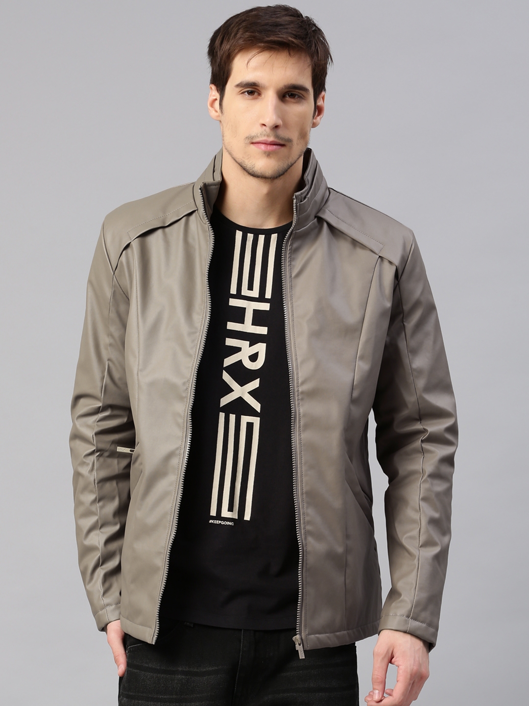Buy HRX By Hrithik Roshan Men Grey Solid Biker Jacket - Jackets for Men ...