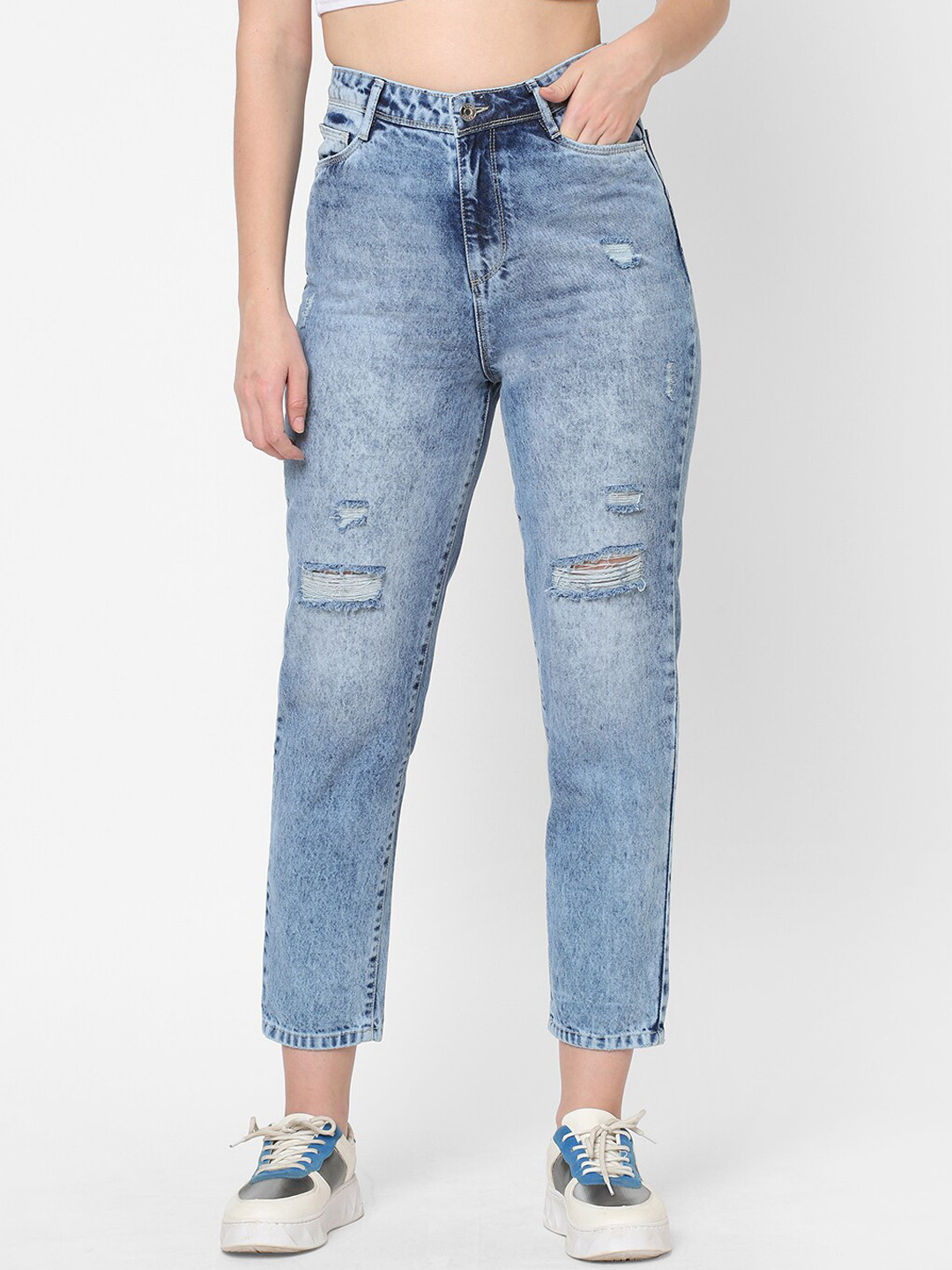 Women's Blue Wide Leg High-Rise Mildly Distressed Heavy Fade Jeans
