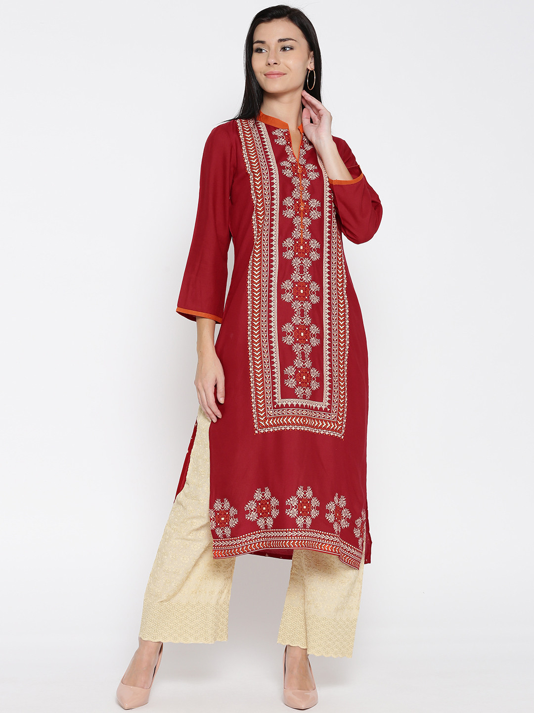 Akiko Women's Cotton Stripe Kurta - Red Printed Straight Cut, Mandarin Collar, Size XL (46 Inches)