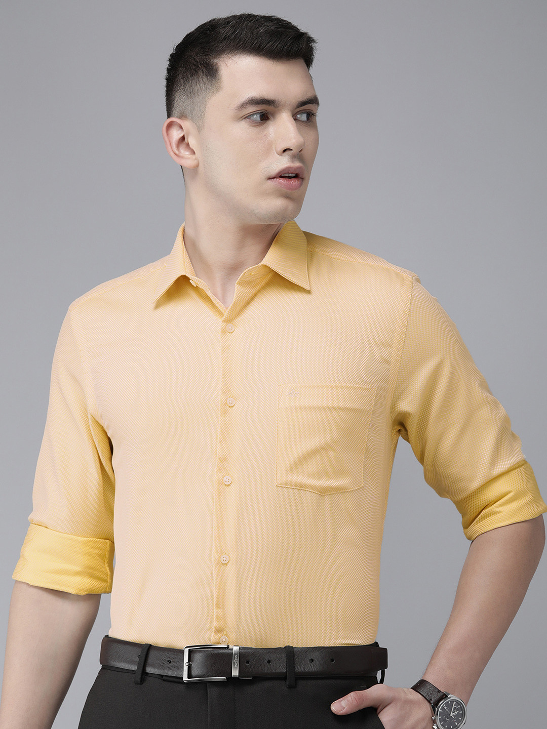 Buy Arrow Men Yellow Self Design Classic Fit Pure Cotton Formal Shirt