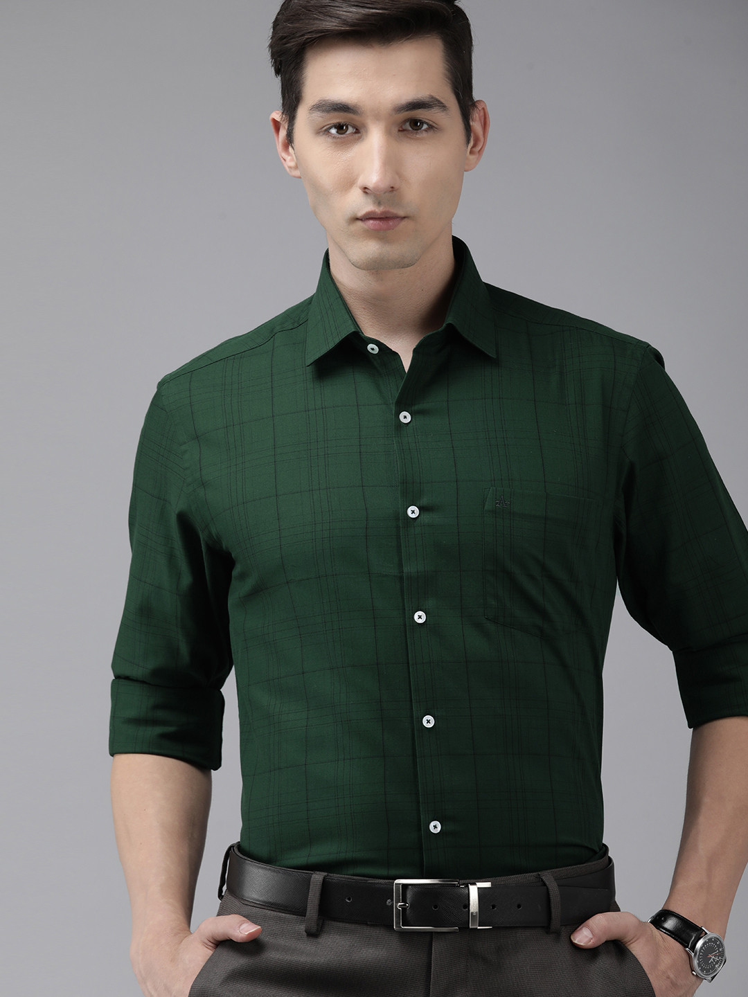Buy Arrow Men Green & Black Original Slim Fit Checked Pure Cotton