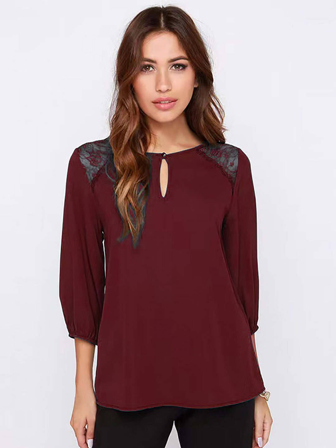 Buy BoStreet Women Maroon Keyhole Neck Top Tops for Women 18649134
