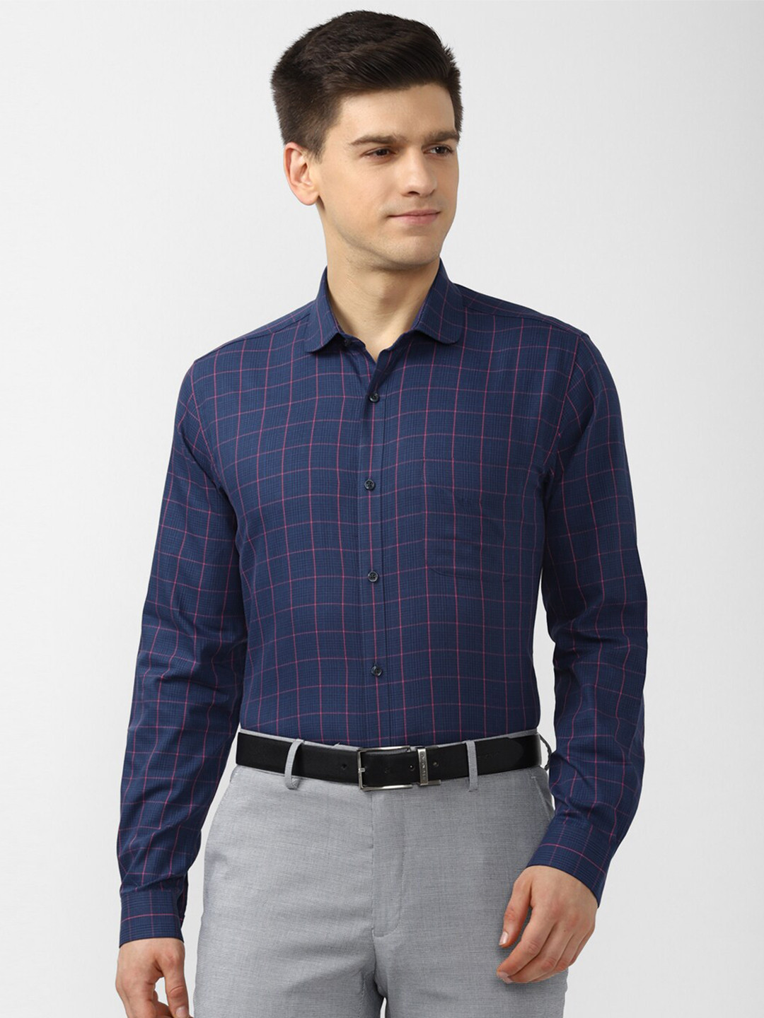 Buy Peter England Men Navy Blue Grid Tattersall Checks Checked Formal