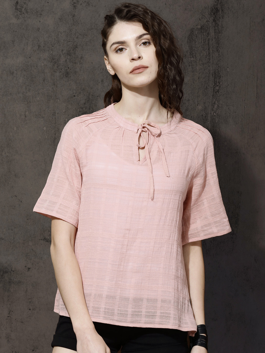 Buy Roadster Women Peach Coloured Self Design Pure Cotton Top Tops