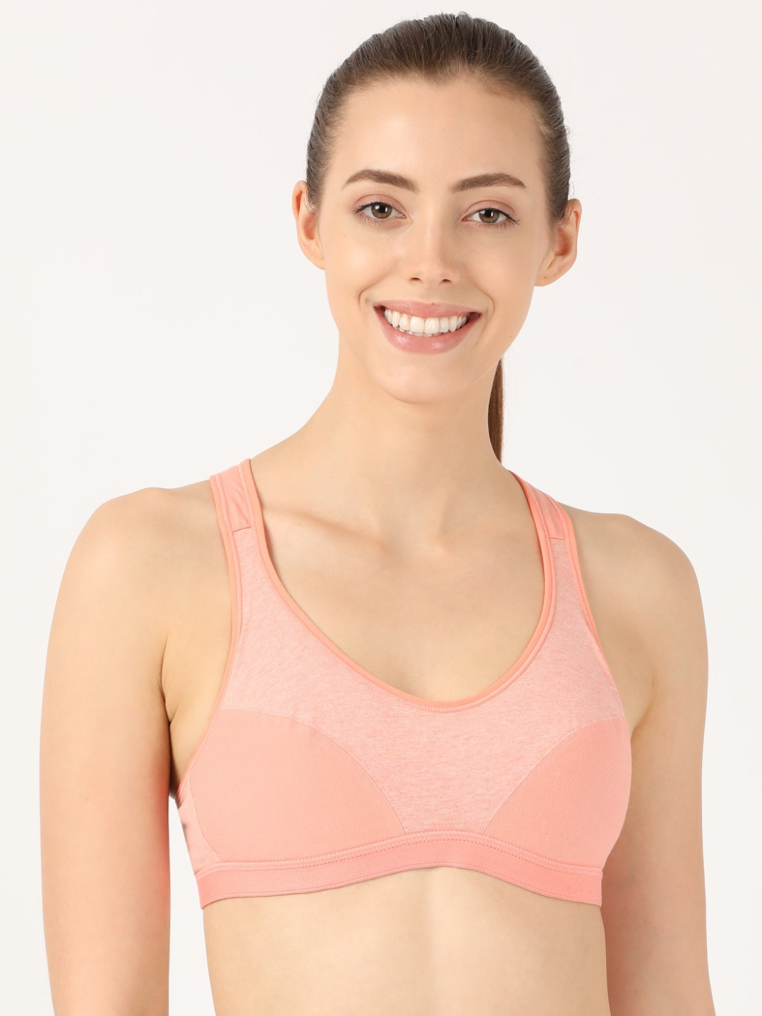 Buy Jockey Peach Coloured Solid Non Wired Lightly Padded Sports Bra