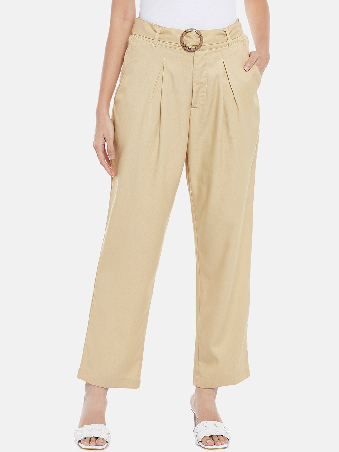 Buy Honey By Pantaloons Women Beige High Rise Pleated Trousers ...