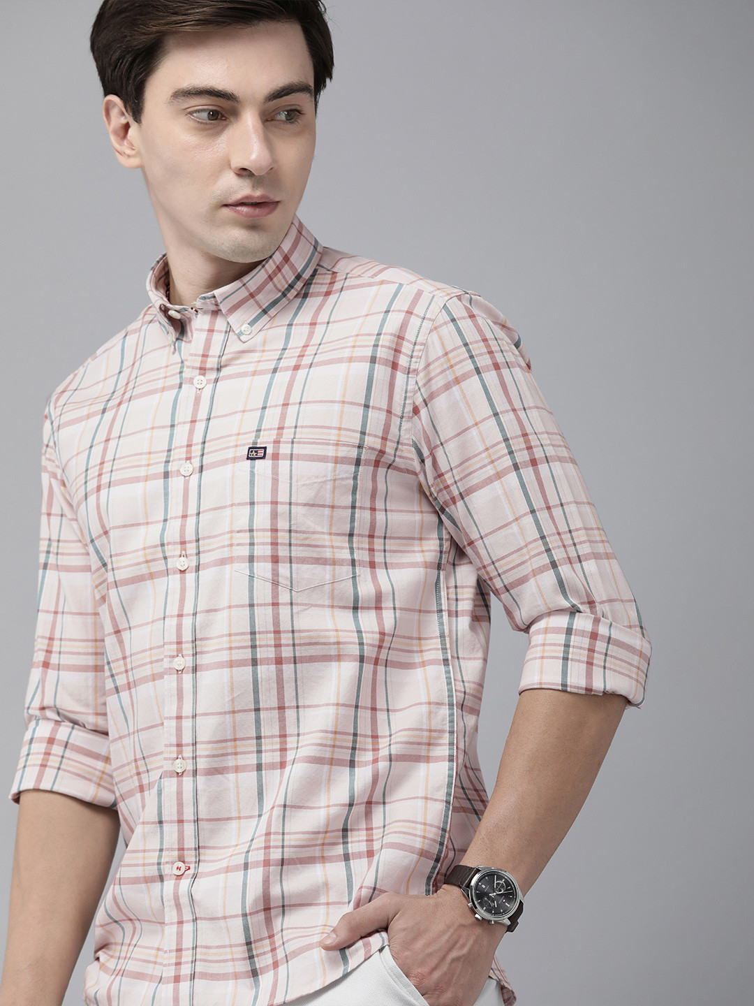 Buy Arrow Sport Men Peach Coloured & Green Manhattan Slim Fit Pure