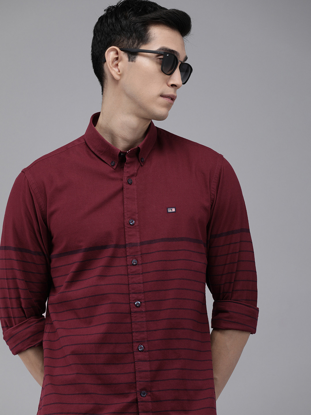 Buy Arrow Sport Men Maroon Original Slim Fit Horizontal Striped Pure
