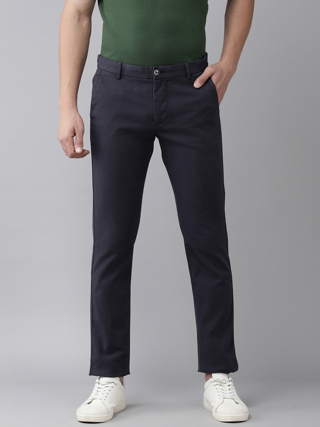 Buy Arrow Sport Men Navy Blue Original Slim Fit Trousers - Trousers for ...