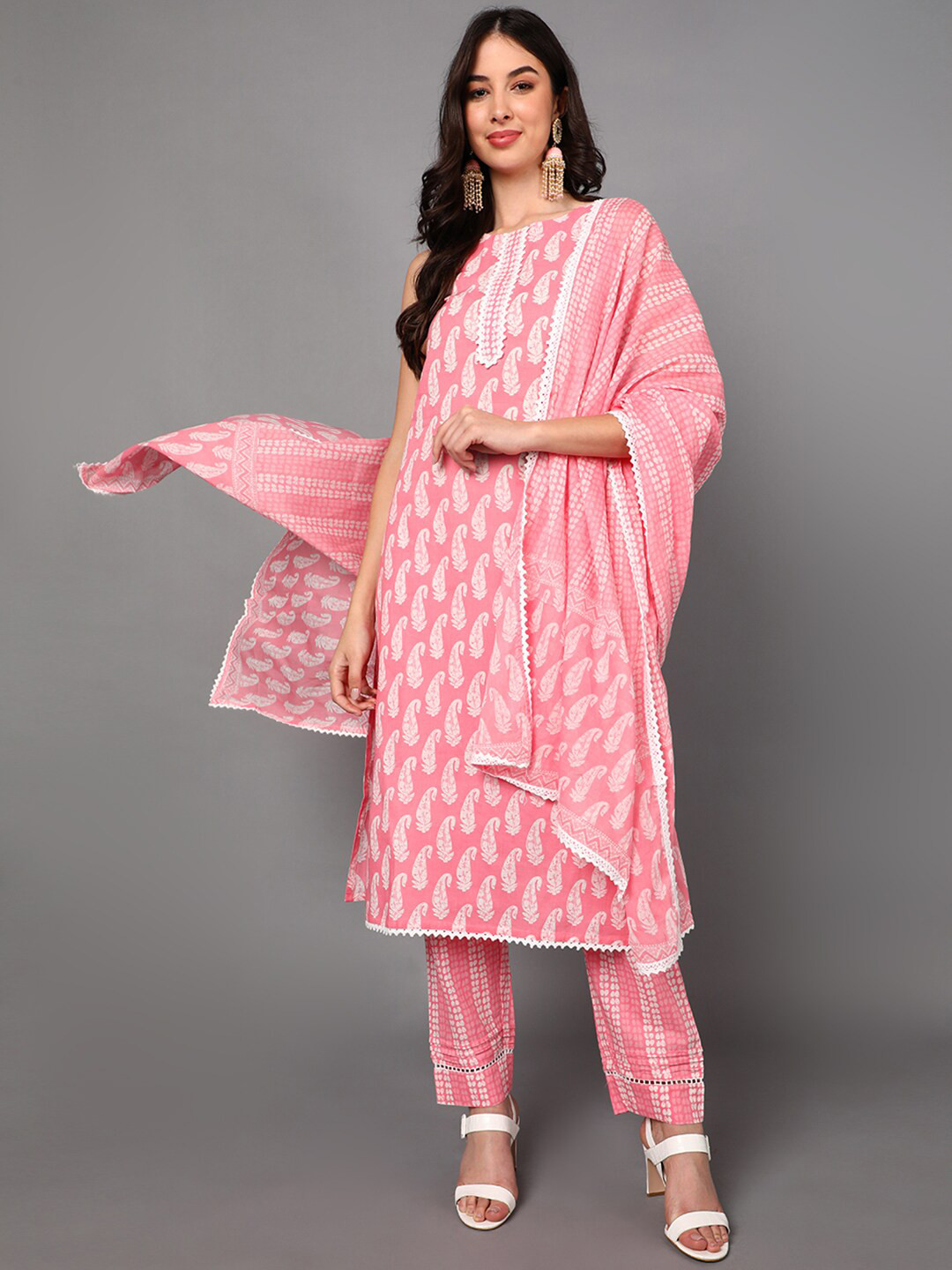 Women Pink Printed A-Line Kurta Trousers With Dupatta Set