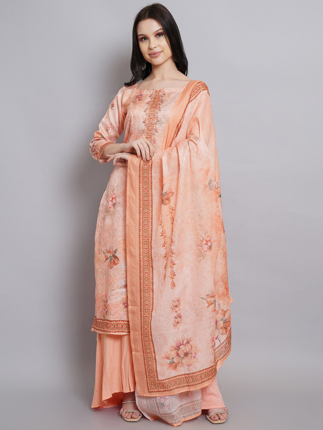 Buy Stylee LIFESTYLE Peach Coloured Printed Satin Unstitched Dress