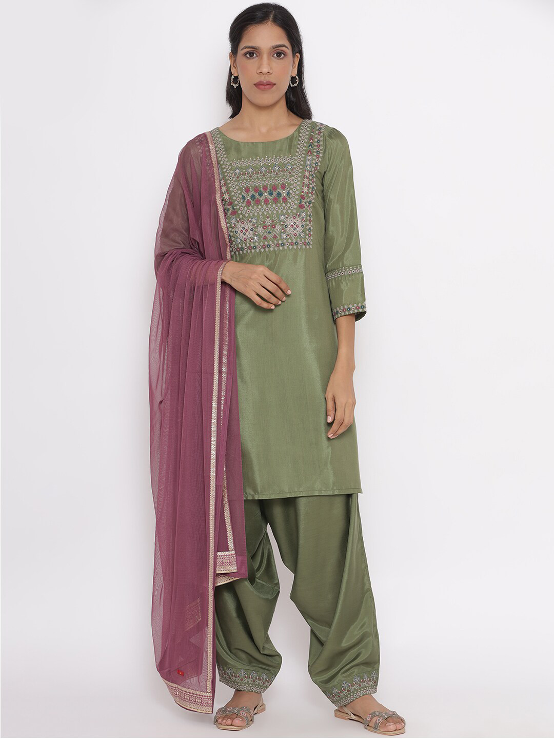 Women Green Fabric Designer Embroidery Work Kurta Set With Dupatta main image 1