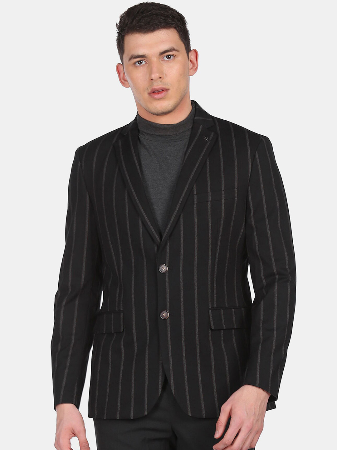 Men's Black Striped Slim Fit Bandhgala Blazer