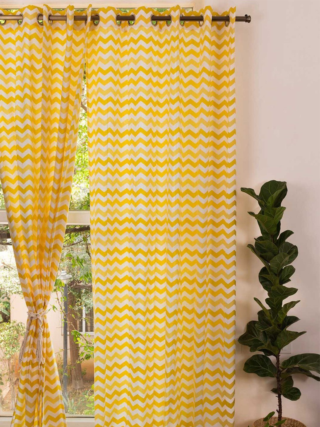 Buy The Yellow Dwelling Yellow & White Single Geometric Door Curtain