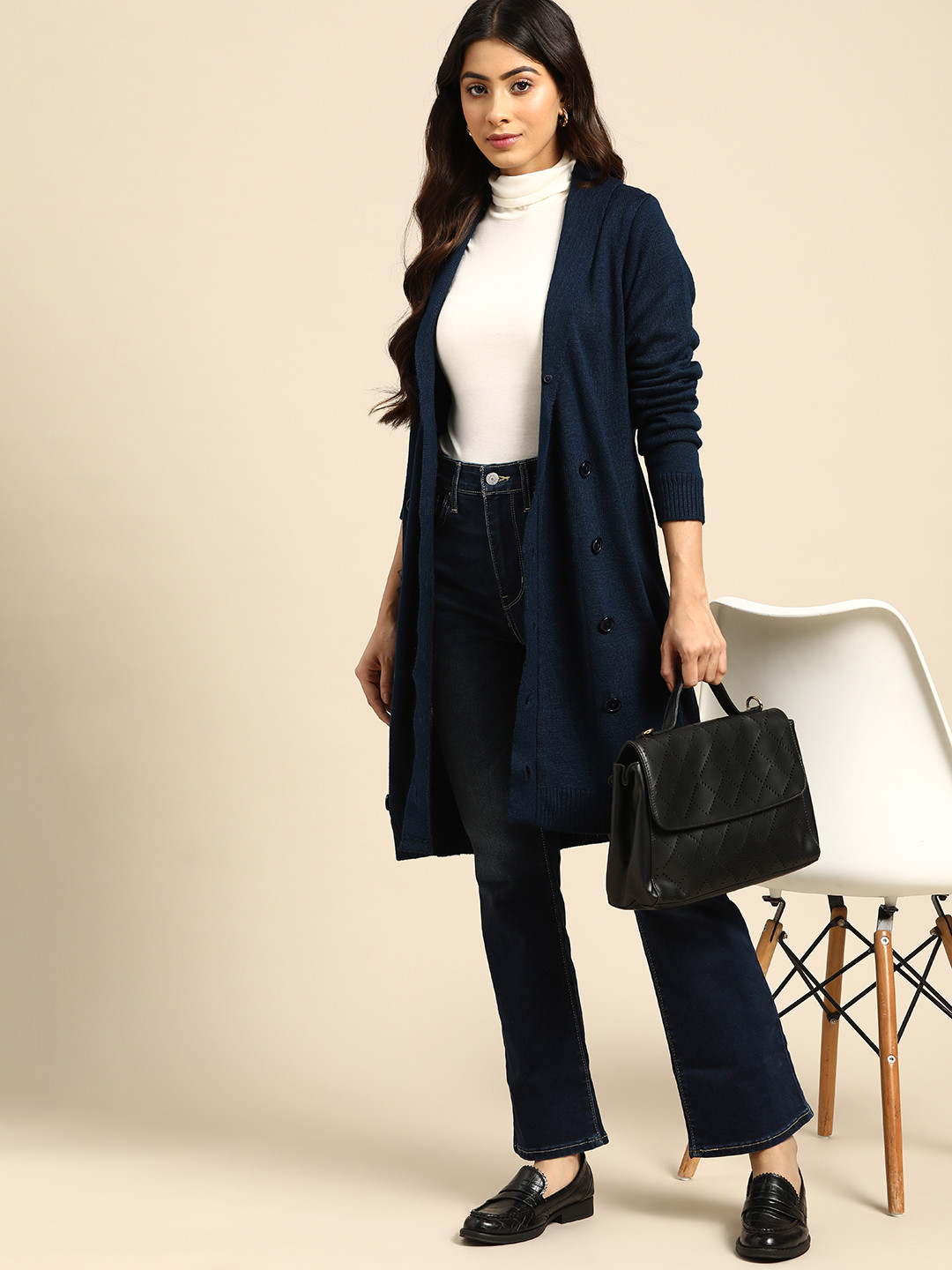 Buy All About You Women Navy Blue Longline Cardigan Sweaters for